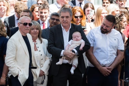 Crowd of people stood around outside Downing Street, including Peter Reid and Steve Rotherham