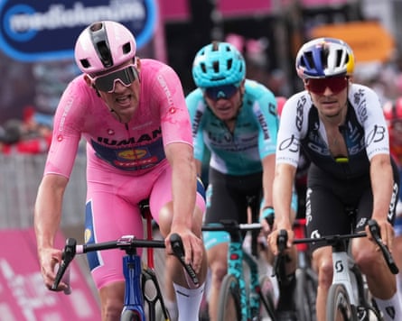 The strain shows on the face of Denmark’s Mads Pedersen, in the pink jersey, as he sprints to win the fifth stage of the Giro d’Italia.