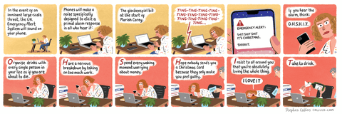 cartoon by stephen collins about an emergency alert on phones, panel 1