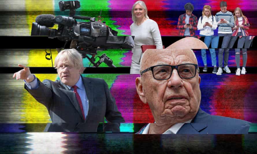 Illustration showing Boris Johnson, Nadine Dorries, Rupert Murdoch and teenagers on smartphones