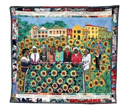 Faith Ringgold’s The Sunflowers Quilting Bee at Arles: The French Collection Part I, #4, 1991. Her quilts told intricate stories of Black American life.