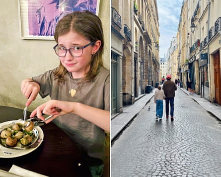A composite of a young girl eating a plate of snails and walking down a street with a man