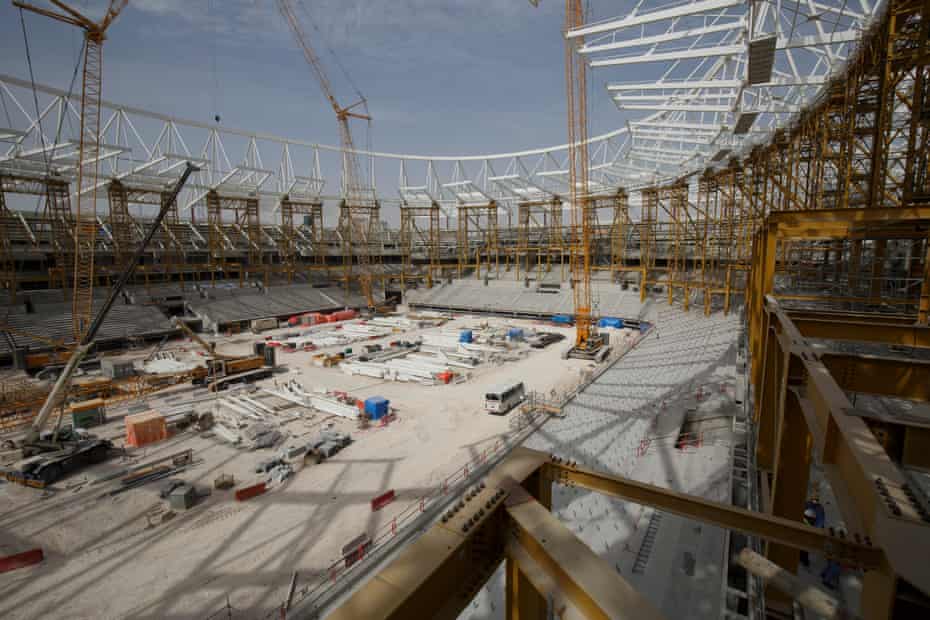 Construction work continues on the roof structure around the main bowl at the Al Rayyan stadium.