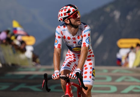 Giulio Ciccone making the most of wearing the polka dot jersey (helmet and gloves) during yesterday’s stage 18 of the Tour de France.