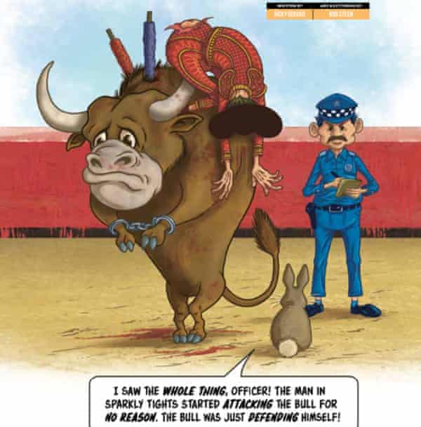 Ricky Gervais's comic takes aim at the custom of bullfighting.