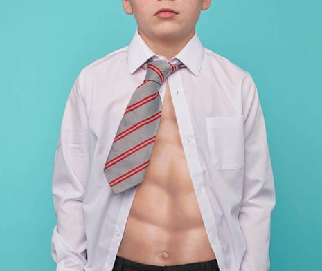 A retouched photograph of a schoolboy’s torso with his shirt open to reveal a very muscly stomach