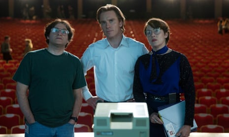 Michael Fassbender, centre, as Steve Jobs, with Michael Stuhlbarg as Apple computer scientist Andy Hertzfeld and Kate Winslet as marketing chief Joanna Hoffman<strong>.</strong> 