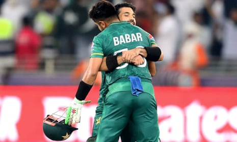 Mohammad Rizwan and Babar Azam of Pakistan celebrate after winning by 10 wickets.