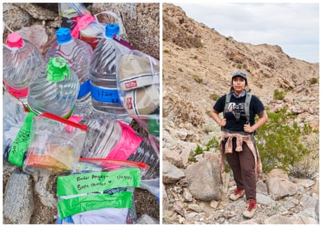 side by side images of bottles and supplies (left) and a portrait of a woman