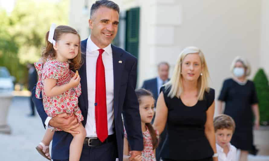 Peter Malinauskas arrives with his wife, Annabel, and three children on Monday to be sworn in an SA premier at Government House in Adelaide.
