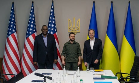 US secretary of defence Lloyd Austin (L) and Secretary of State Antony Blinken (R) meet with Ukrainian President Volodymyr Zelenskiy (C) in Kyiv yesterday.