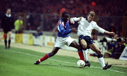 Basile Boli tackles Alan Shearer at Wembley in February 1992