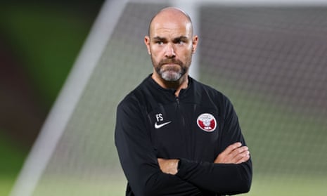Qatar’s Spanish coach Felix Sanchez looks on during a training session at the Aspire Zone Training Site in Doha yesterday.