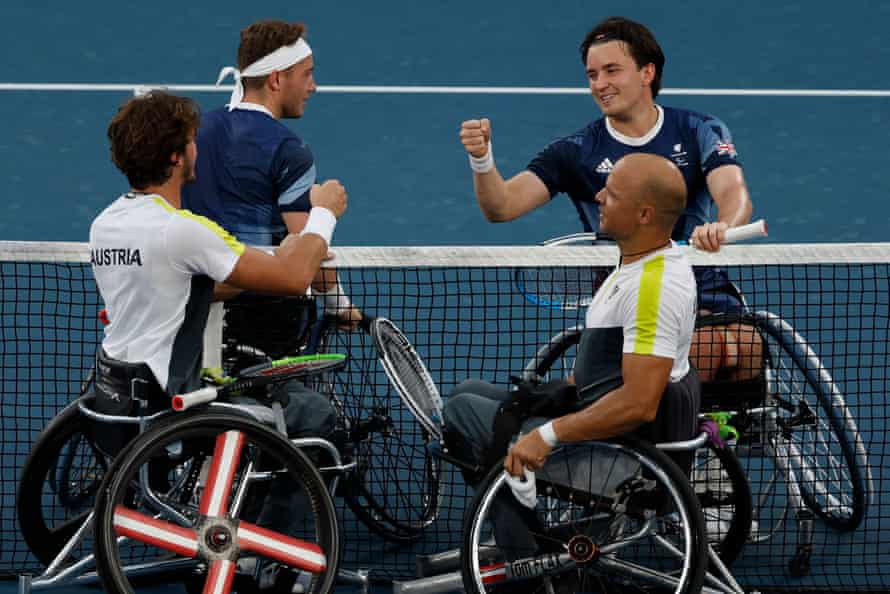 Alfie Hewett and Gordon Reid are congratulated on their win by Thomas Flax and Nico Langmann of Austria.