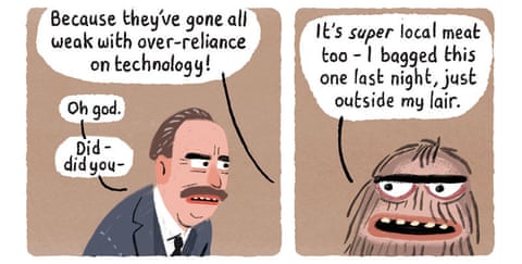 A series of Stephen Collins cartoon images about HG Wells and a Morlock , panel 6