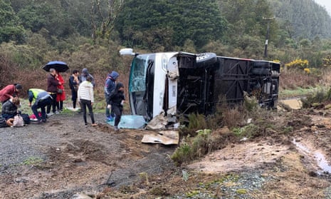 Emergency services at the scene of a bus crash on State Highway 5 at Ngatira, the North Island.