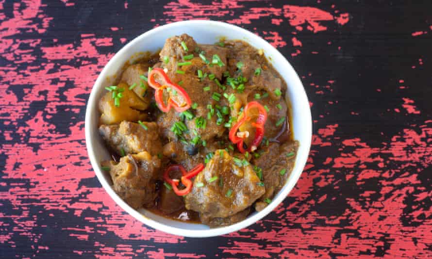 ‘Cooked in the Dutch pot for four hours’: curry goat.