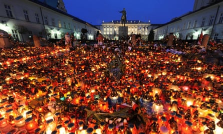 Candles lit in tribute to Lech Kaczyński outside the presidential palace in Warsaw, after his death in the 2010 Smolensk air crash.