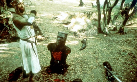 A still from Monty Python and the Holy Grail showing a knight whose arms and legs have been chopped off.