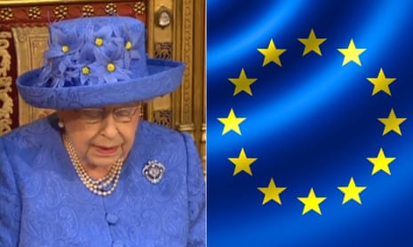 The Queen in her purple-blue hat with gold decoration, left, and the blue and yellow EU flag