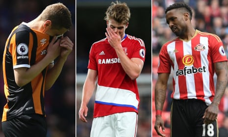 The crying game: Michael Dawson of Hull City, left, Patrick Bamford of Middlesbrough, centre, and Sunderland’s Jermain Defoe face the realisation of relegation.