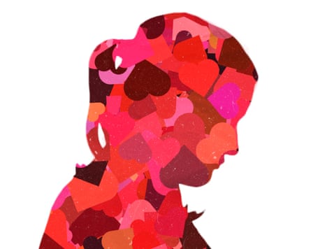 Illustration of the silhouette of a woman with a lowered head, composed of hearts