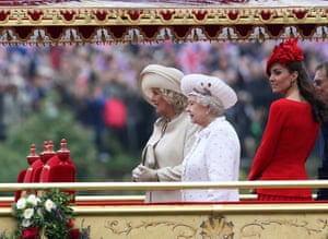 2012: Queen Elizabeth II, Camilla, Duchess of Cornwall, and Catherine, Duchess of Cambridge, take part in the Thames River Pageant, as part of the diamond jubilee celebrations. As well as 60 years on the throne, it marks the 60th anniversary of the death of her father, George VI