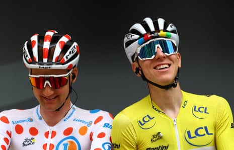 UAE Team Emirates XRG's Tadej Pogačar and Tim Wellens before the start of Stage 10 in the yellow and polka dot jerseys.