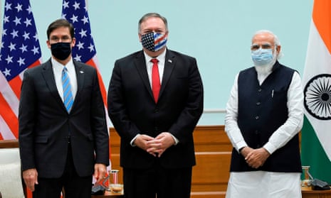 Narendra Modi with Mike Pompeo and Mark Esper, in Delhi on 27 October. India emphasised that the meeting had nothing to do with the US elections.