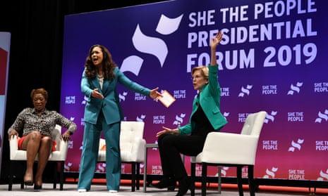 Elizabeth Warren participates in the She the People Presidential Forum, hosted by political analyst Joy Reid, left, and Aimee Allison, centre, founder and president of the She the People organization, in Houston.