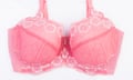 Close-Up Of Pink frilly Bra Over White Background
