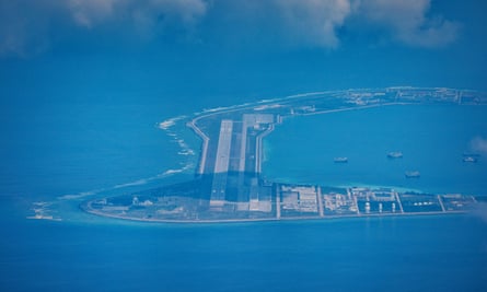 An airfield, buildings, and structures are seen on the artificial island built by China in Spratly Islands, South China Sea.