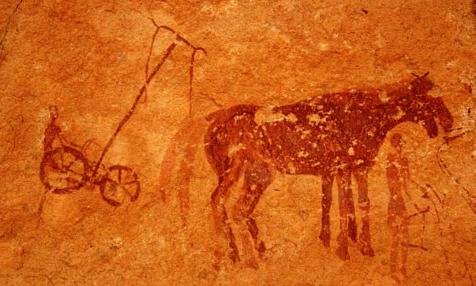 Rock paintings of Neolithic farming in Tassili de Maghidet, Libya.