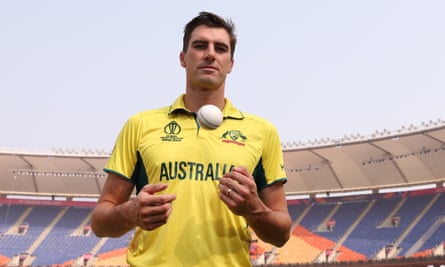 Pat Cummins throws a ball to himself at the empty Narendra Modi Stadium.
