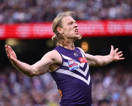 Hayden Young celebrates kicking a goal.