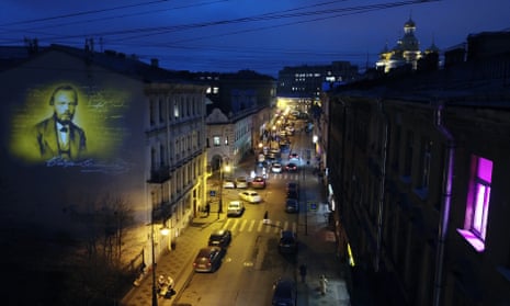 A projection of Dostoevsky’s portrait lights up the firewall of a house in St Petersburg where he spent the last years of his life.