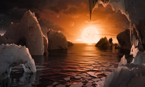 An artist’s impression the surface of Trappist-1f. Astronomers originally thought this might be the most habitable planet, but its neighbour, Trappist-1g, appears to be the most likely home for life.