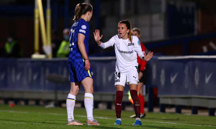 Servette’s Amandine Soulard reacts after being shown a second yellow card for her challenge on Chelsea’s Niamh Charles.