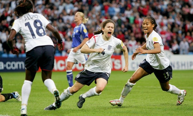 Karen Carney celebrates scoring the winning goal for England against Finland at the City of Manchester Stadium during Euro 2005.