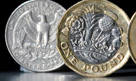 A British one pound sterling coin and a US quarter dollar