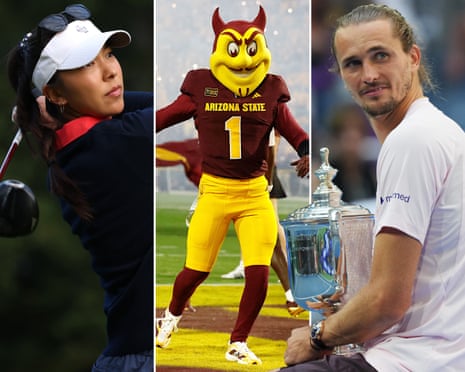 Alison Lee, Arizona mascot Sparky, and Alexander Zverev.