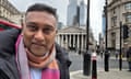 Rachi Weerasinghe, 56: he is pictured in the City of London, standing in front of the Bank of England, and is wearing an orange, pink and grey striped scarf over a black puffer jacket and pale blue shirt