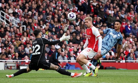 Aston Villa’s Ollie Watkins scores their second goal past Arsenal’s David Raya.