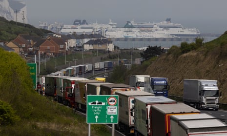 Lorries held in a queue approaching the port of Dover, Kent, 22 April 2022