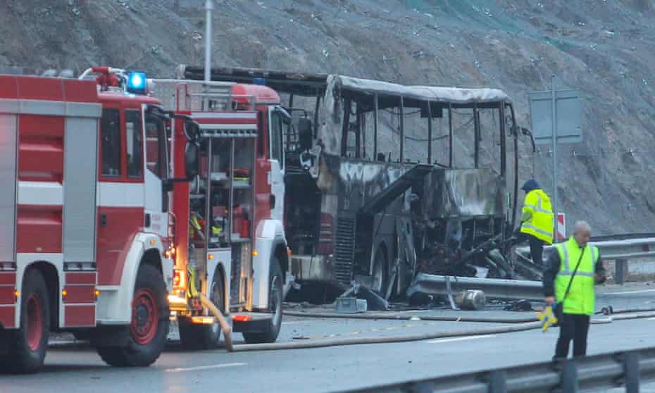 Police have sealed off the site where at least 45 people were killed when a bus with North Macedonian plates caught fire on a highway, near the village of Bosnek, in Bulgaria, early on Tuesday.