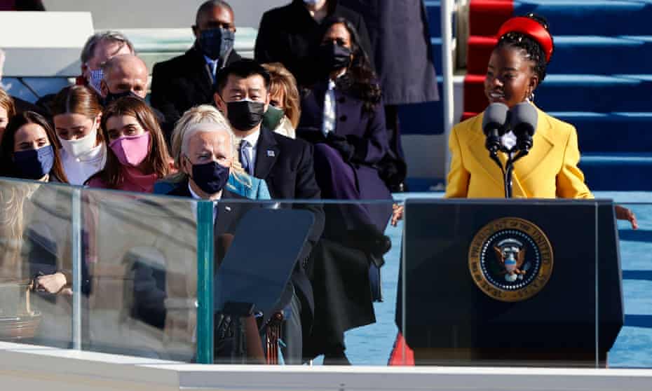 Amanda Gorman recites a poem during the inauguration of Joe Biden, on the West Front of the US Capitol in Washington.