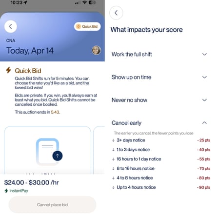 A screenshot of an app showing hourly rate and what actions affect a workers score.