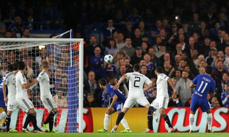 Pedro scores Chelsea’s first goal of their Champions League Group C match against Qarabag at Stamford Bridge.