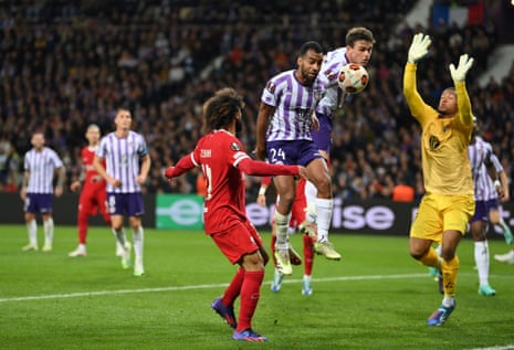 Toulouse’s Cristian Casseres Jr (no 24) puts the ball into his own net against Liverpool.
