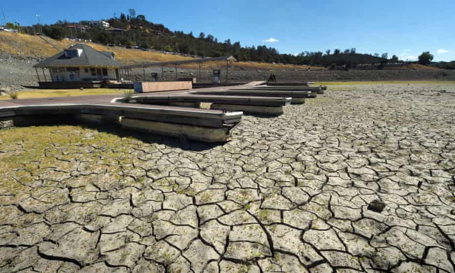 Boat docks sit empty on dry land, as Folsom Lake reservoir near Sacramento stands at only 18% capacity, as the severe drought continues in California.